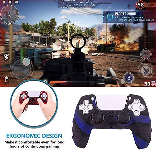 2 pack PS5 Controller Grip,Anti Slip Silicone Grip Skin Case Protector compatible with Dual Sence Controller of Sony Play Station 5,with 6 Thumb Grips Caps-Camouflage Red and Blue