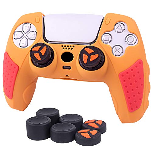 CHIN FAI for PS5 Controller Skin,Anti Slip Silicone Grip Case Protector compatible with Play Station 5 Dual Sense Controller,with 6pcs Thumb Grip Caps-Orange