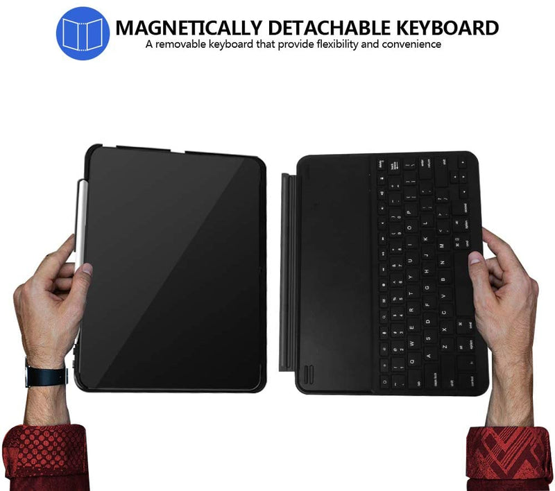 Elecbae Keyboard Case for iPad Pro 11 2018 - Slim PU Leather Folio Stand Cover with Magnetically Detachable Wireless Bluetooth Keyboard & Pencil Slot (Black)