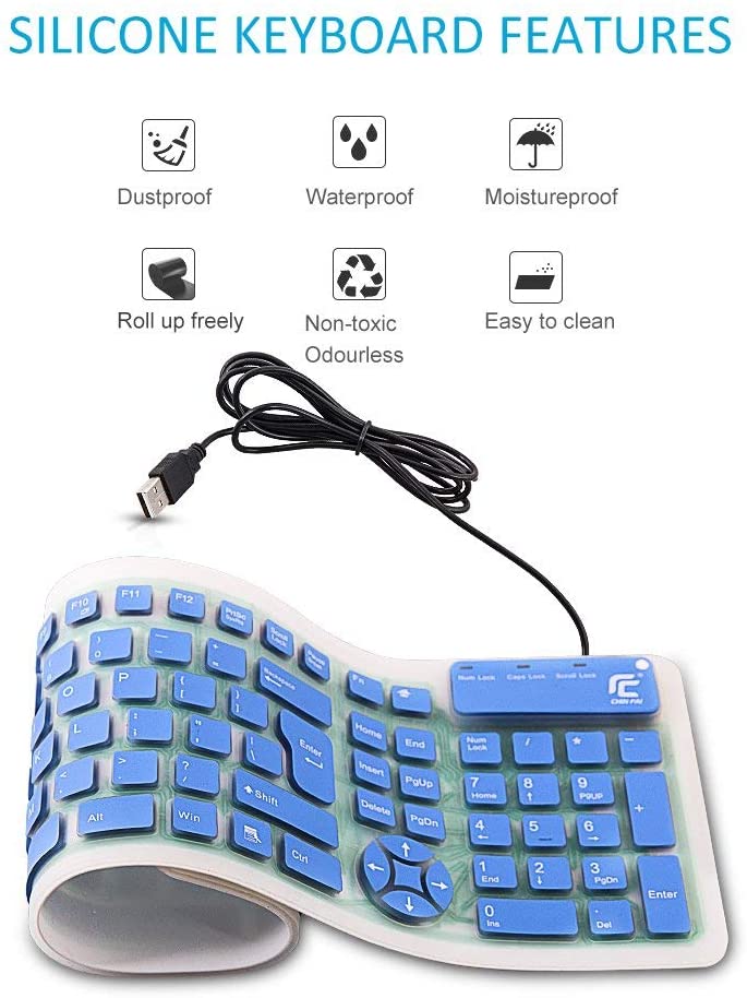 CHINFAI External Keyboard for Laptop Silicone Roll Up Folding Travel Portable Wired USB Keyboard for Tablet Computer PC (Blue)