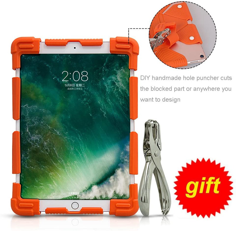 CHINFAI Universal 9.7 10 10.1 10.5 11 Inch Tablet Case for Samsung RCA Kindle, Apple iPad 9.7" 2018/2017 5th/6th Gen Shockproof Silicone Stand Case Cover with DIY Puncher (Orange-Gen 2)