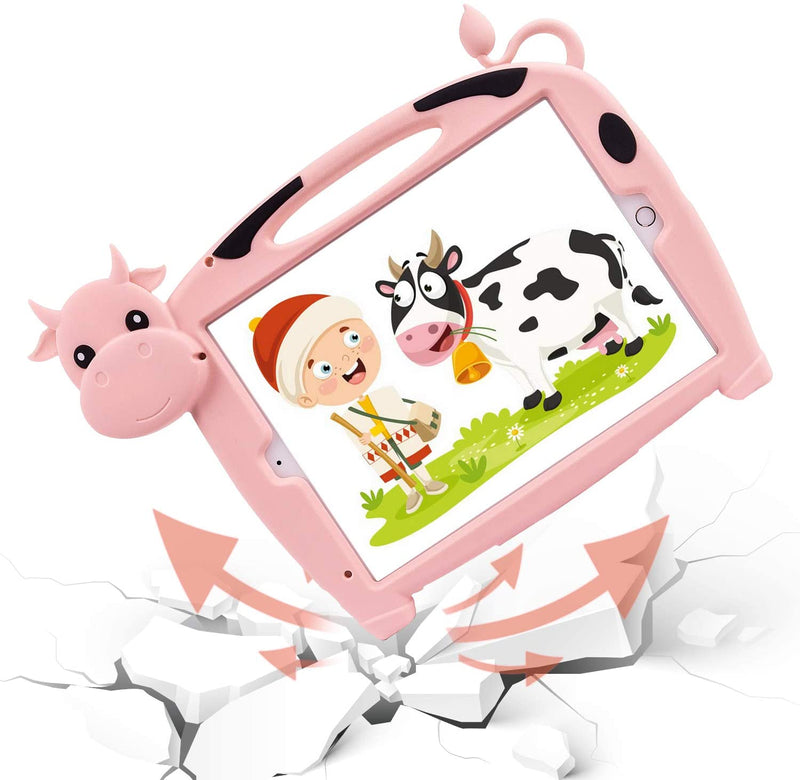 Cute Cow Kids Case for New iPad 8th/7th Generation, iPad 10.2 2020 2019, CHIN FAI Slim Lightweight Shockproof Silicone Handle Stand Protective Cover for Apple iPad Air 3 / iPad Pro 10.5 Inch (Pink)