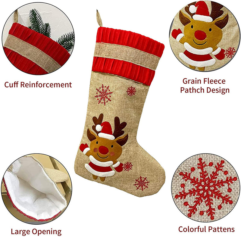 CHIN FAI Christmas Stockings for Family 4 Pack 18.5" Large Size Burlap Christmas Stockings, Santa Snowman Reindeer Snowflake Xmas Character Fireplace Hanging Stockings Decorations