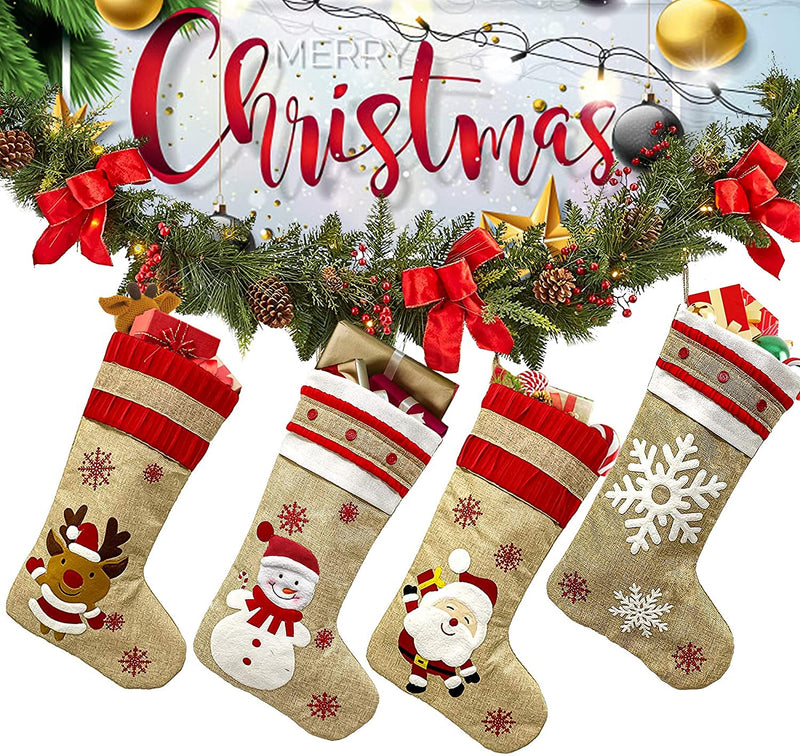 CHIN FAI Christmas Stockings for Family 4 Pack 18.5" Large Size Burlap Christmas Stockings, Santa Snowman Reindeer Snowflake Xmas Character Fireplace Hanging Stockings Decorations